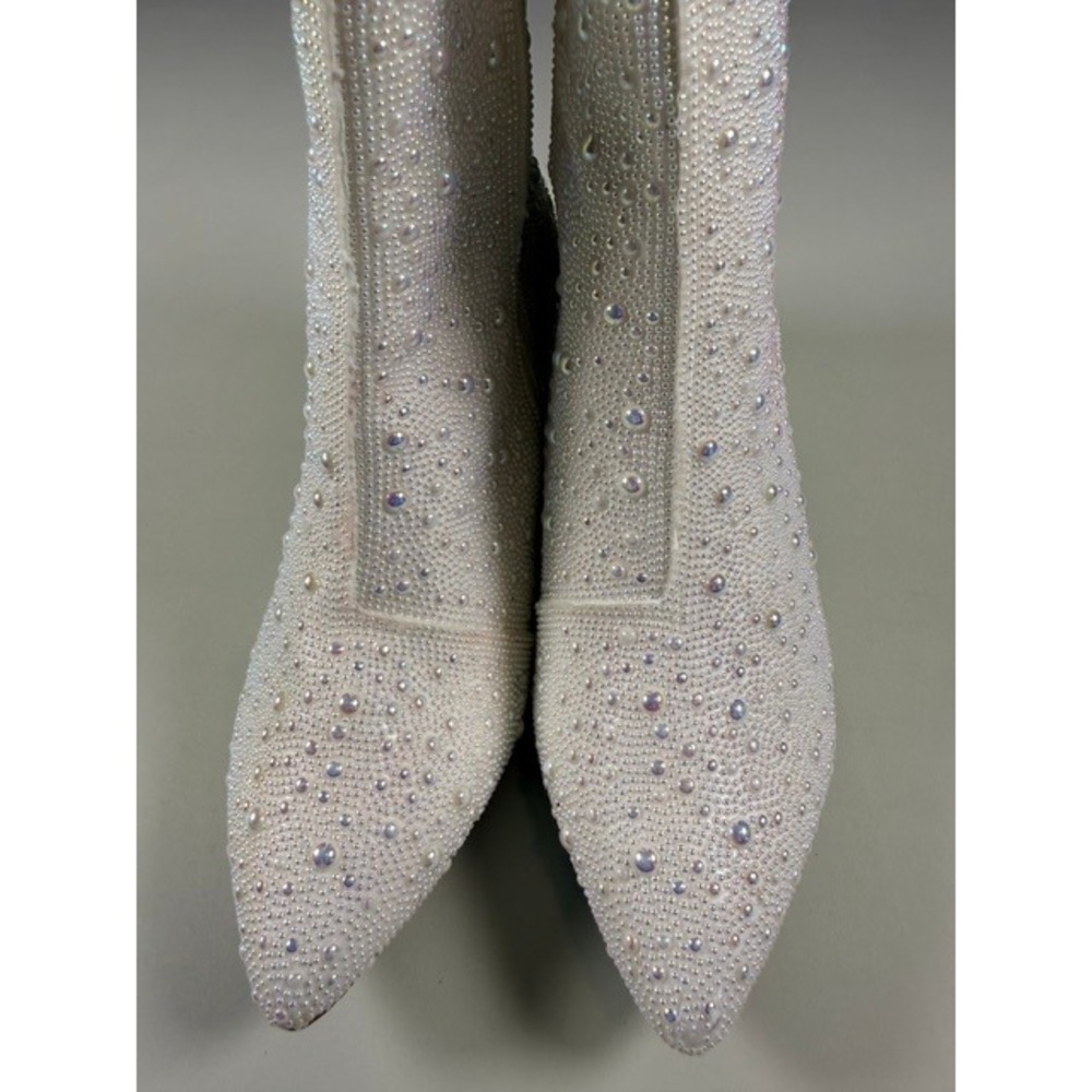 White Iridescent Rhinestone Faux Pearl Block Heel Pointed Toe Ankle Boots 8.5